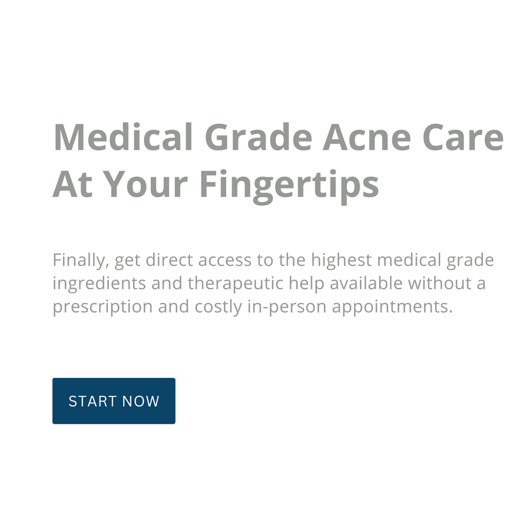 A clickable section of grey text on white background that reads "Medical grade acne care at your fingertips. Shop Now. Finally, get irect access to the highest meical grade ingredients and therapeutic help available without a prescription and costly in person appointments." 