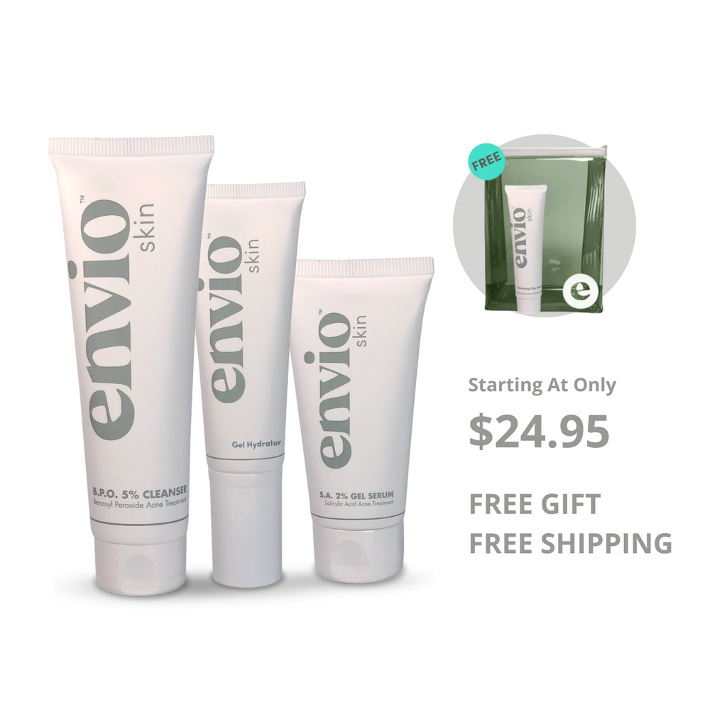Product image of Envio 30 Day Kit on a white background with promotional material showing a free mask and bag with subscription and a starting price of $24.95.