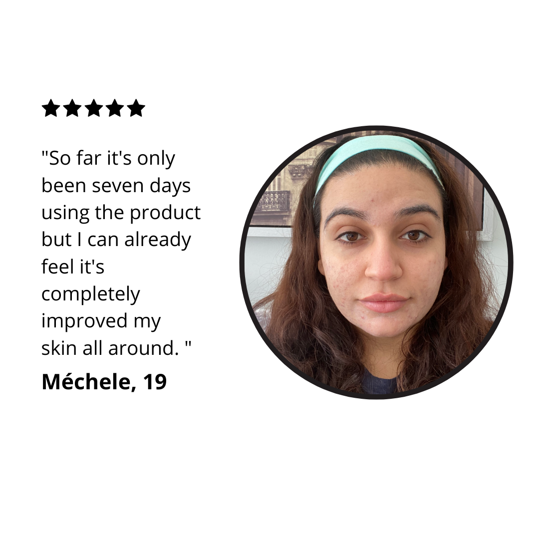 A review photo of a customer named Mechele stating "So far it's only been seven days using the product but I can already feel it's completely improved my skin all around." 