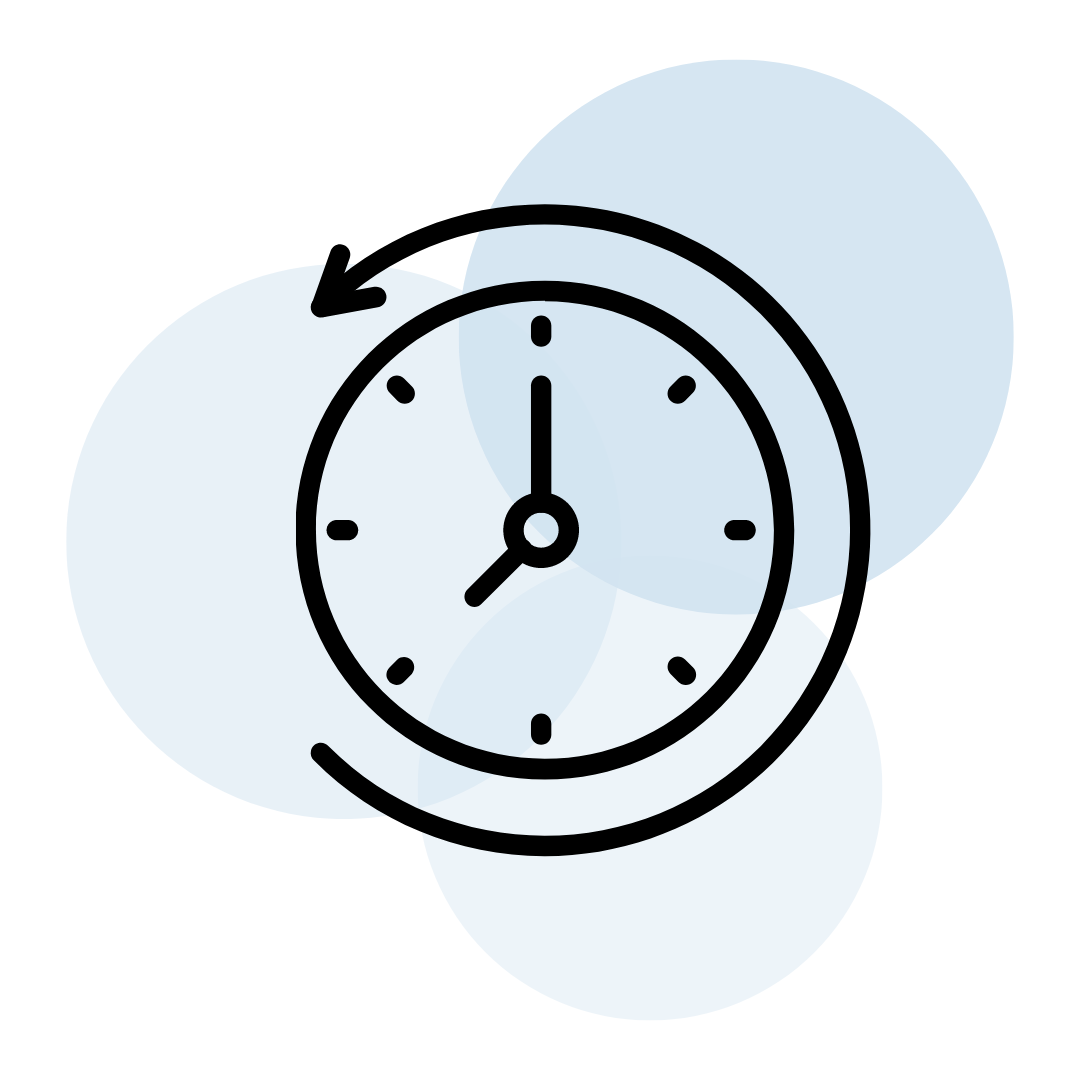 An icon of a clock with a rotating arrow over three lightly transparent blue circles 